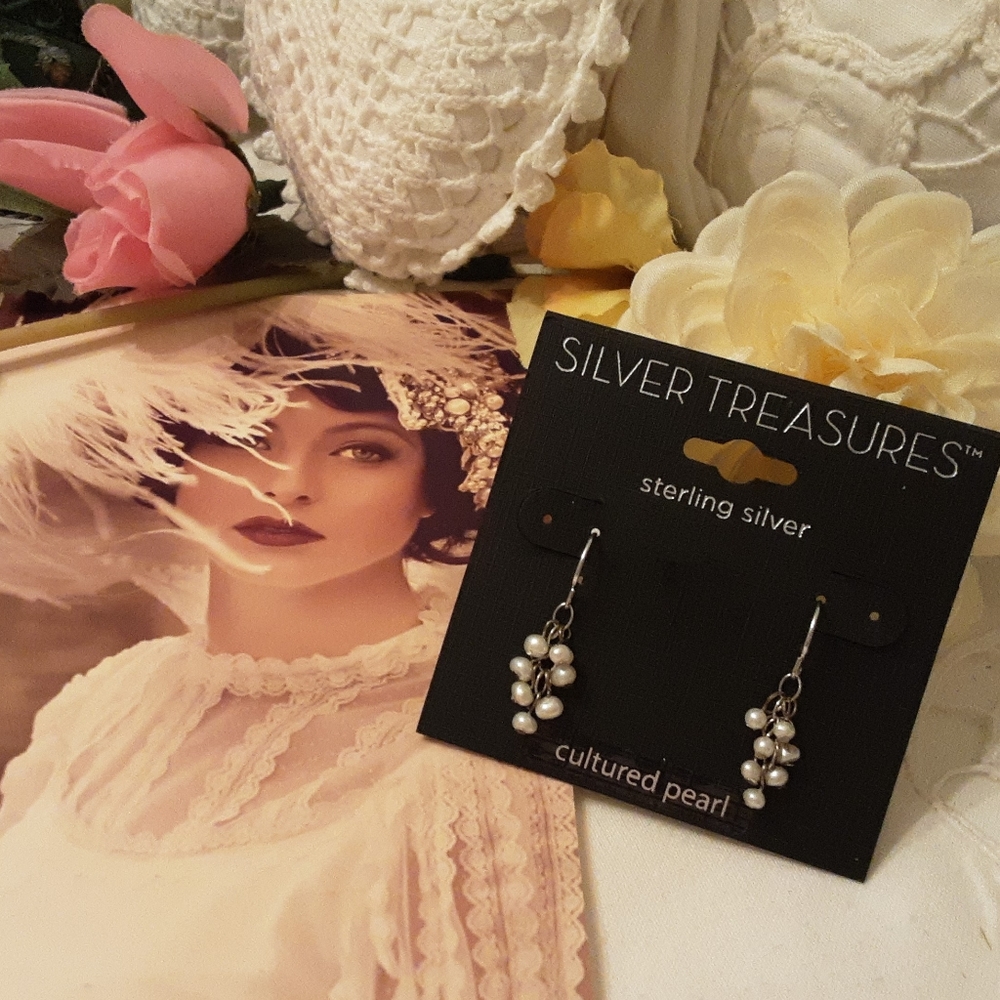 NEW/W/TAGS SILVER TREASURES 925 STERLING CULTURED PEARL CLUSTER EARRINGS